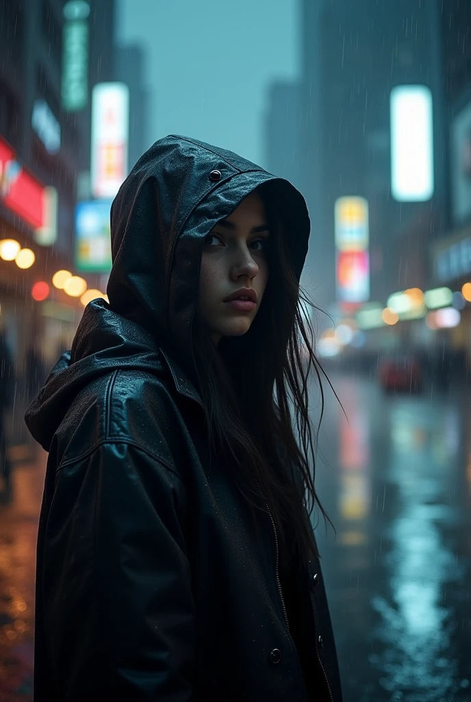 A girl with a hood alone in the rain, real photo, pouring rain, loneliness, best quality, ultra-detailed, realistic, portrait, dark tone, misty atmosphere, wet streets, hooded raincoat, melancholy expression, invisible umbrella, lights sparkling, Urban environment, high resolution, vivid colors, Bokeh, night scene, NYC cityscape.