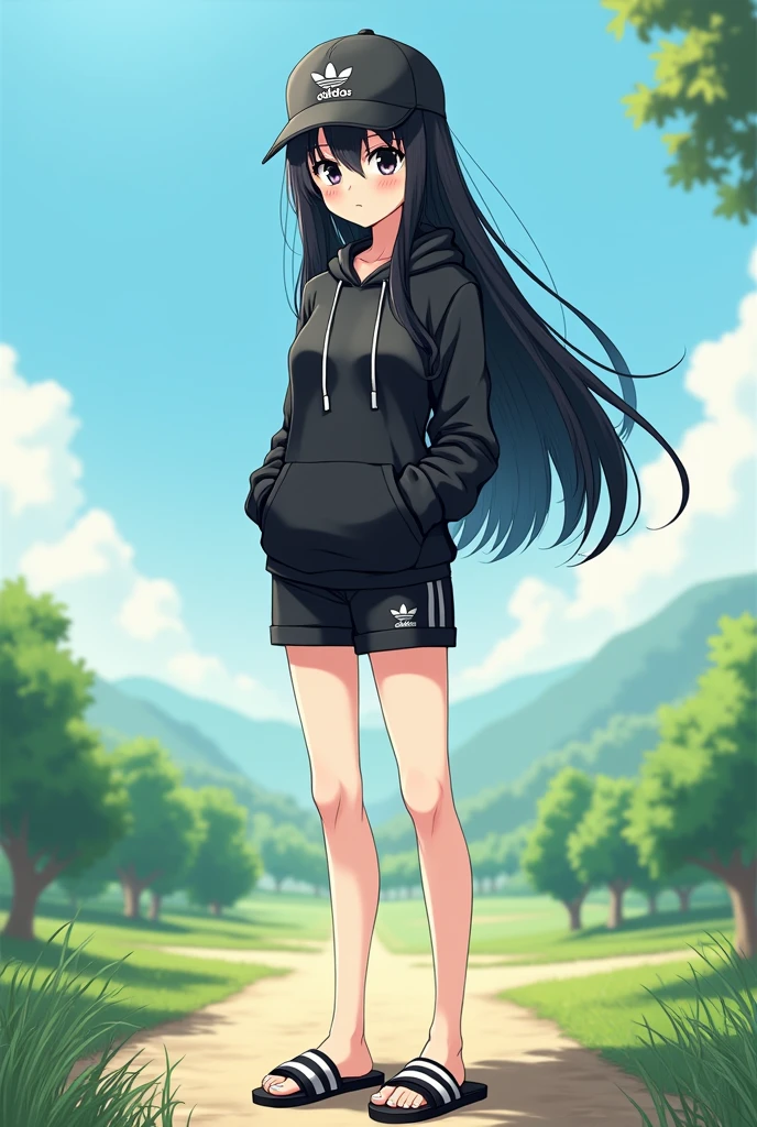 beautiful tall anime girl, long black hair, black eyes, wear black adidas striped slippers white and black, barefoot, wear black adidas cap, wear black adidas hood, wear black adidas short hot pants, background is countryside