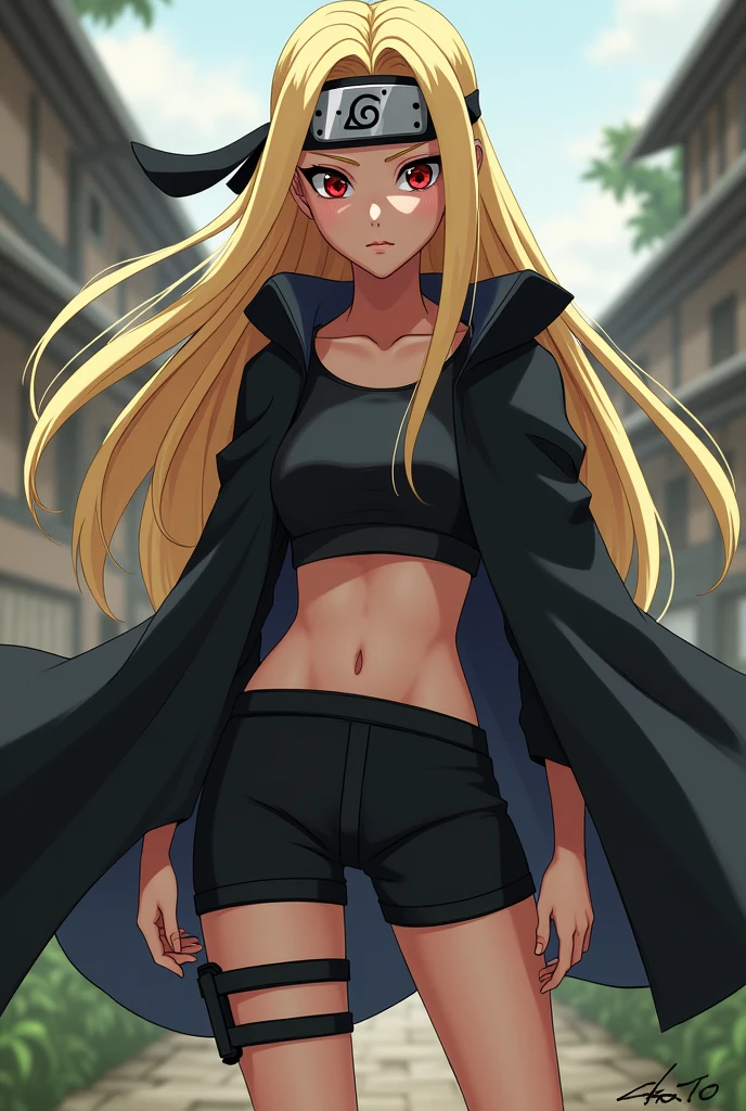 Long yellow-haired girl, wearing a konoha headband and sharingan eyes of the Uchiha clan. Wearing a crop top and shorts and wearing a black seba coat