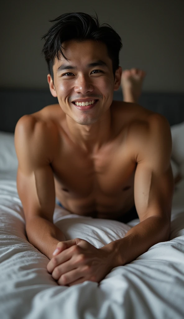 A young smiling Thai muscular naked man lying on the bed , spreading his legs widely opened , show his dick , big bugle, wearing nothing, naked body , nude 