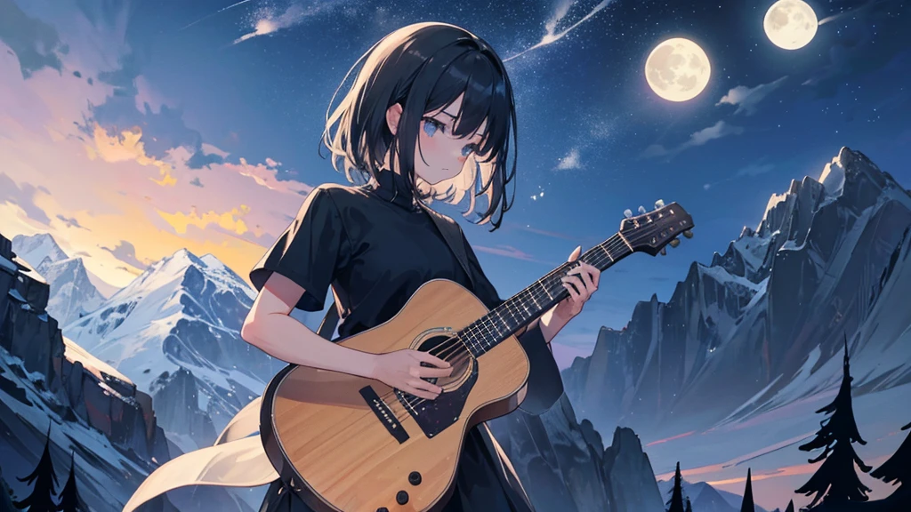 Silhouette of a person playing guitar against the mountain background at night. A full moon rises over the mountains, and the wind quietly shakes the trees. Stars twinkle in the sky, the silhouette of the mountain is outlined in black, and the sound of a guitar echoes through the night. (High quality, high definition, cute)”