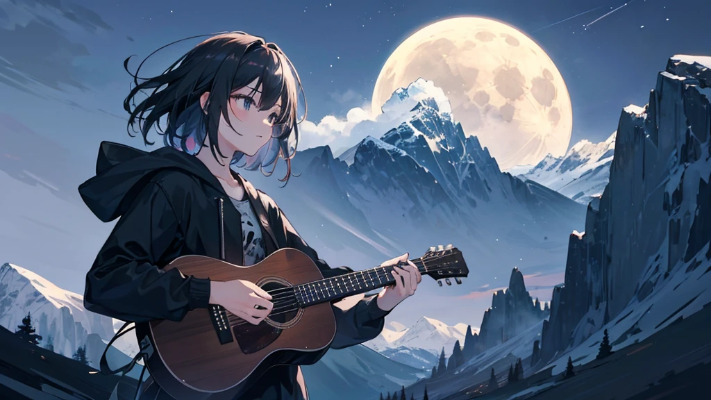 Silhouette of a person playing guitar against the mountain background at night. A full moon rises over the mountains, and the wind quietly shakes the trees. Stars twinkle in the sky, the silhouette of the mountain is outlined in black, and the sound of a guitar echoes through the night. (High quality, high definition, cute)”