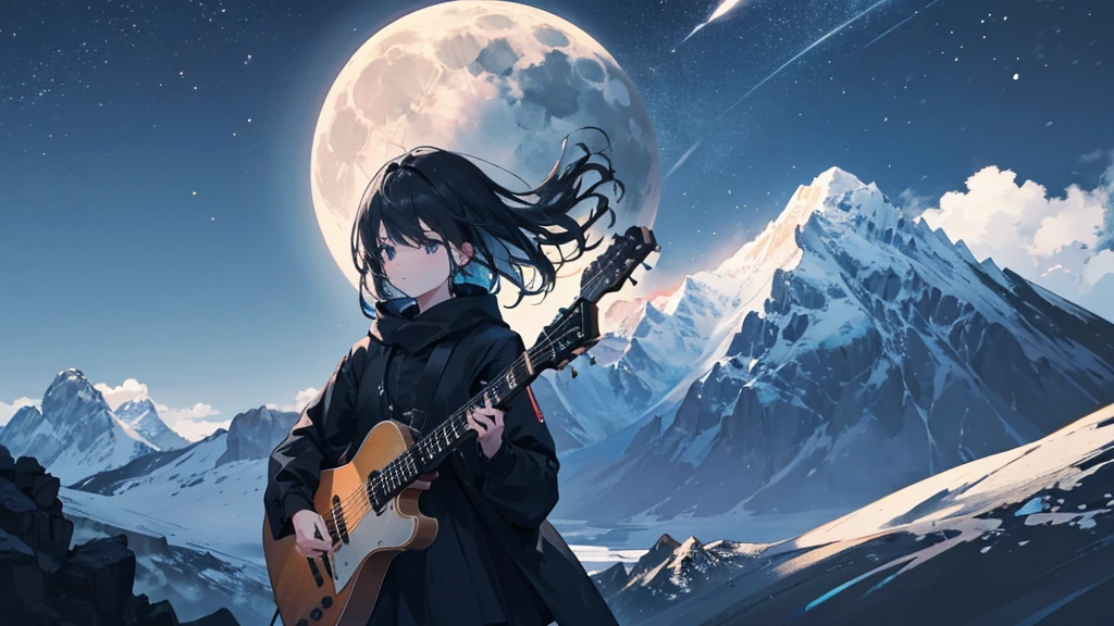 Silhouette of a person playing guitar against the mountain background at night. A full moon rises over the mountains, and the wind quietly shakes the trees. Stars twinkle in the sky, the silhouette of the mountain is outlined in black, and the sound of a guitar echoes through the night. (High quality, high definition, cute)”