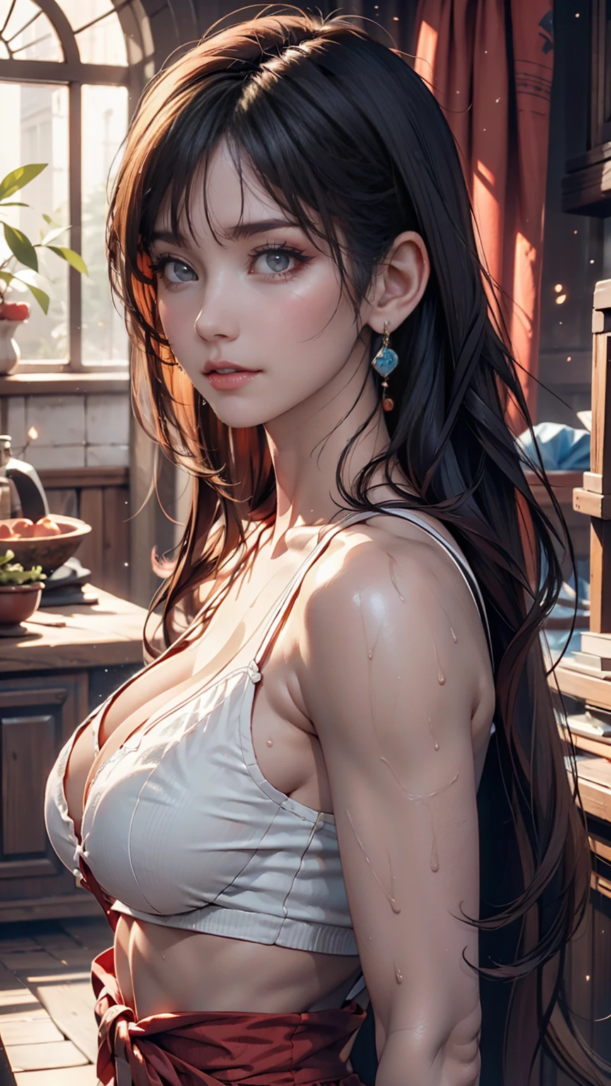 High resolution,4K,High resolution,One person, photoRealistic, Realistic,Sweaty skin, Thin face,Yangmi,Heavy makeup, Are standing,(((Half Body))), Big Breasts,Earrings ,