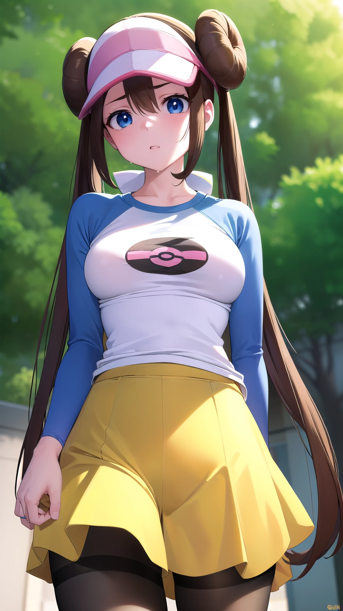 Rosa, Rosa, Brown Hair, Double Bang, doughnut Hair Bun, Hair Bun, blue eyes, Hair between the eyes, Twin tails, Large Breasts, Open your mouth,
break pantyhose, (Pantyhose under shorts), Raglan sleeves, skirt, (yellow skirt), White shirt, Blue Sleeve, Long sleeve, Visor Cap,
break looking at viewer, Upper Body, whole body,
break outdoors,
break (masterpiece:1.2), Highest quality, High resolution, unity 8k wallpaper, (figure:0.8), (Beautiful attention to detail:1.6), Highly detailed face, Perfect lighting, Highly detailed CG, (Perfect hands, Perfect Anatomy),((((Disgusted)))),pussy line,(from below),