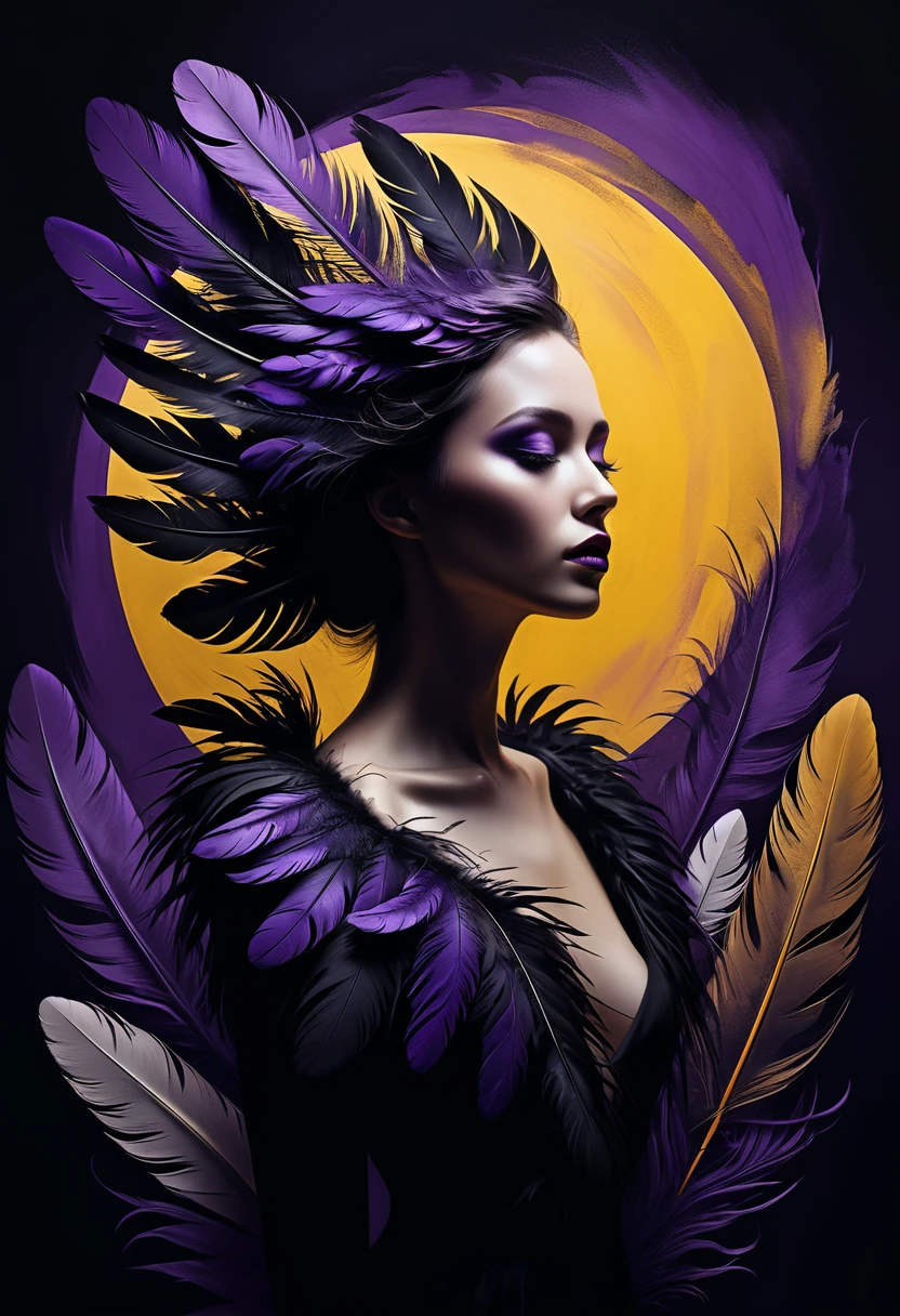 (Sensual illustration chiaroscuro), Illustration art, Surrealism, Vintage Abstraction, Silhouette of a woman covered in black feathers、 Long Shot、Dark purple background、Highest quality, masterpiece, Ultra high definition、Painting, Purple and yellow concept art, Emotional, Atmospheric, Romantic aesthetics, Represents transformation and the ability to see beyond the surface、Ultra high definition、(deep, Delicate colors) paint (draw) 、最高masterpiece、Highest quality、