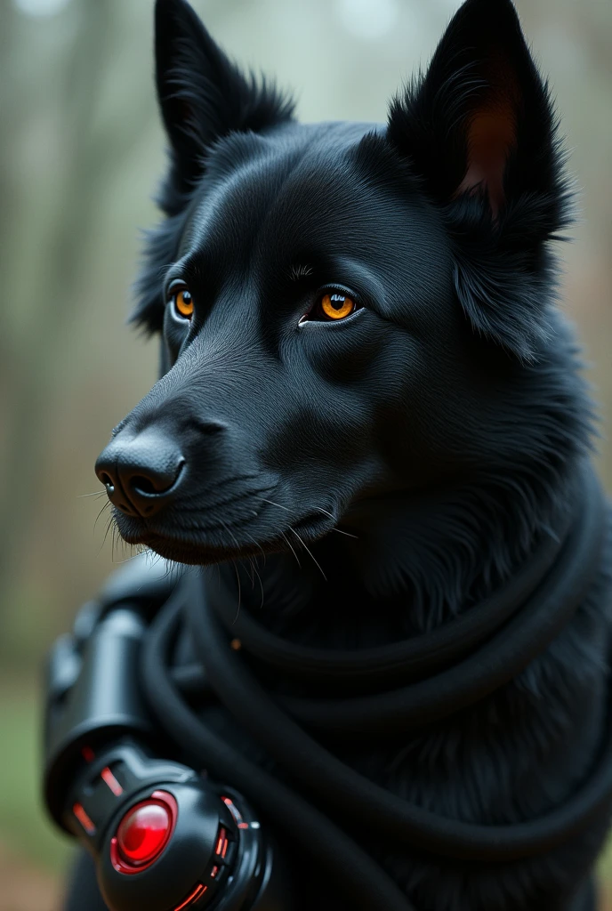 Black dog and robot arm with red eye