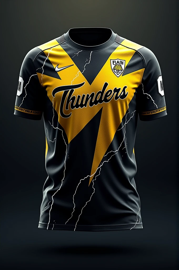 create football shirt for a team named THUNDERS. having primary color black and secondary color yellow