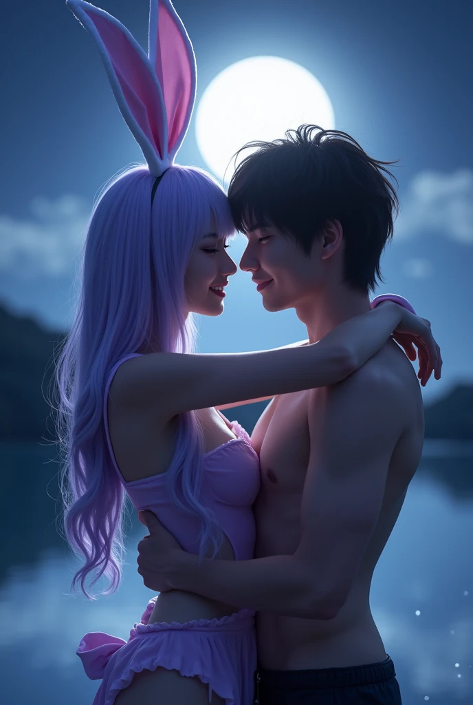 ((Highest quality)), ((masterpiece)), (detailed), Two people,Smiling Kindly,Embracing and looking at each other A seductive adult woman, Full moon with lake in the background, A long rabbit ear hair ornament is on her head., Light purple bunny girl costume, Full body photo,