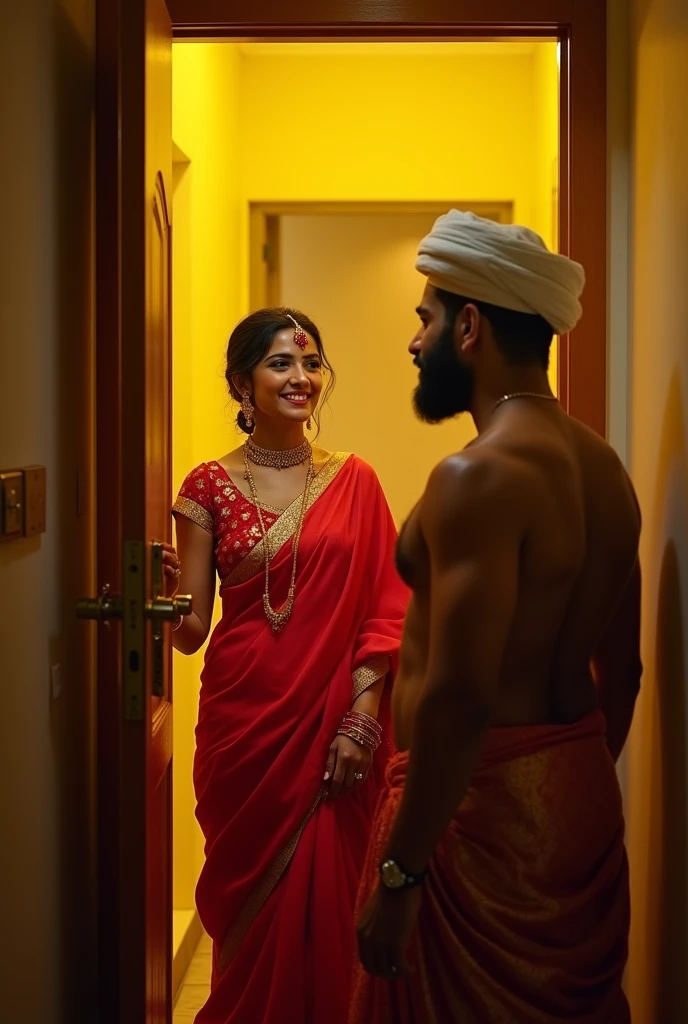 beautiful woman opening apartment door,wearing red sari,golden jewelries,applay sindoor at the beginning or completely along the parting-line of a woman's hair,smiling to a masculer man,wearing salwar,wite Taqiyah on head,hairy body,watching womans body yellow led lighting in apartment hall