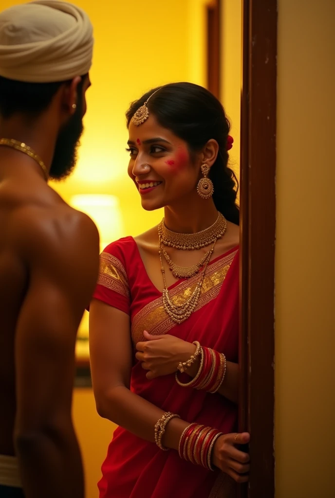 beautiful woman opening  apartment door,wearing red sari,golden jewelries,applay sindoor at the beginning or completely along the parting-line of a woman's hair,smiling to a masculer man,wearing salwar,wite Taqiyah on head,hairy body,watching womans body yellow led lighting in apartment hall