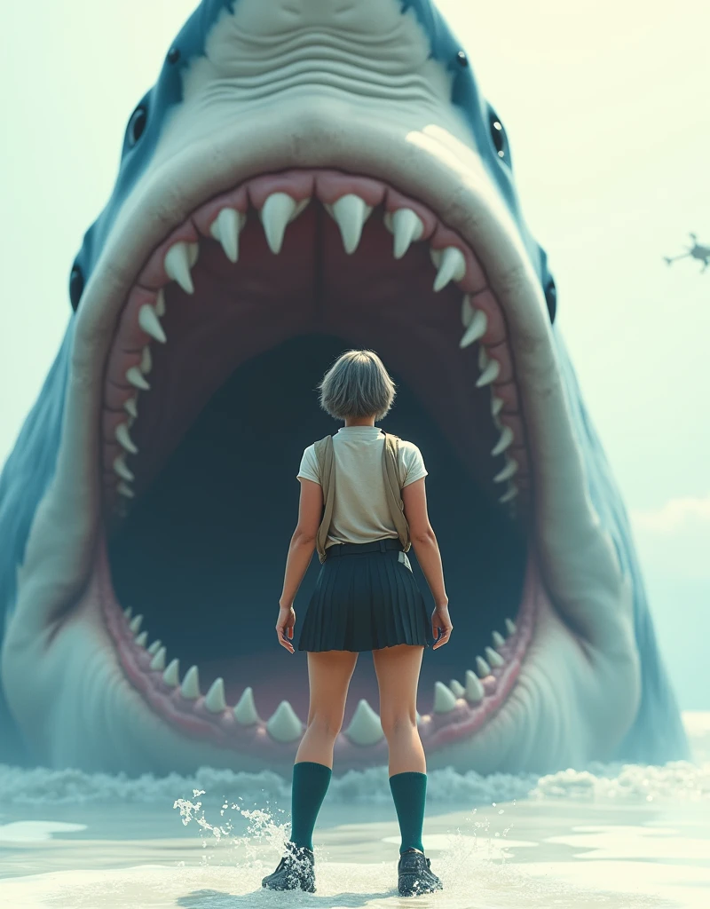 ((Highest quality)), ((photograph)), (Grab the Jaws)), (One person), (Face of fear), (Women like bodybuilders), (Giant Jaws), Off-white short-sleeved shirt with light brown vest、A muscular man with a bodybuilder-like build wearing a knee-length black skirt, dark green socks and black shoes.々Short-haired woman、A video of a man desperately swimming away from a large number of giant great white sharks.、Background is white、