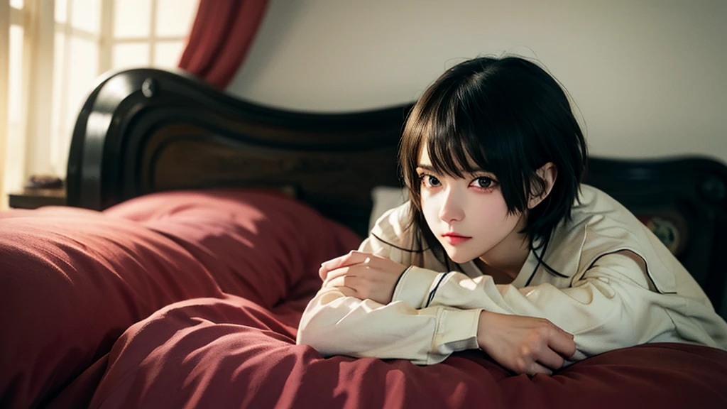 (best-quality:0.8),, (best-quality:0.8), perfect anime illustration, closeup portrait of a pretty woman in the bed, shirt, sad, beauty, morning, wake up, short hair, sleepy, short hair cute, no make up.