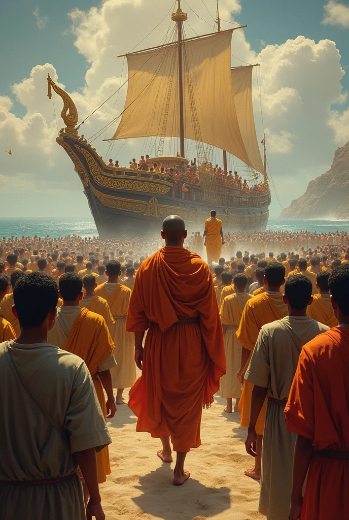 Arrival of Mahinda Thera: An artistic representation of Mahinda Thera’s arrival in Sri Lanka, possibly depicted with a ship or in a ceremonial welcome, symbolizing the introduction of Buddhism to the island