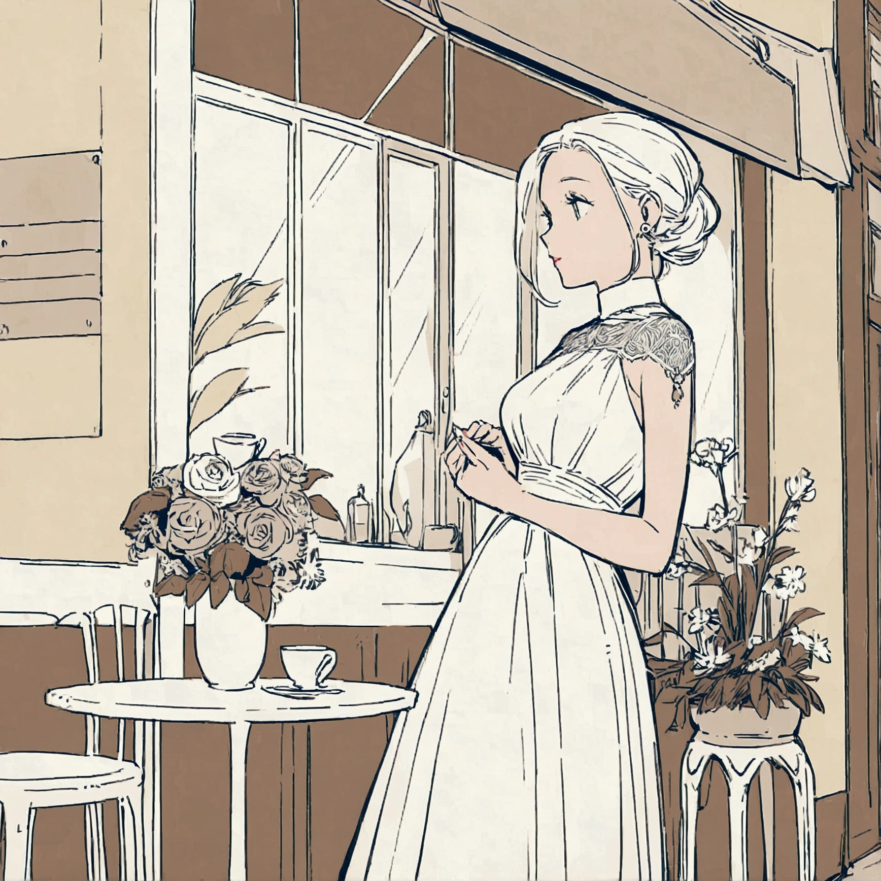 Chic, woman in white dress, cafe, flat color, flowers in vase, vintage