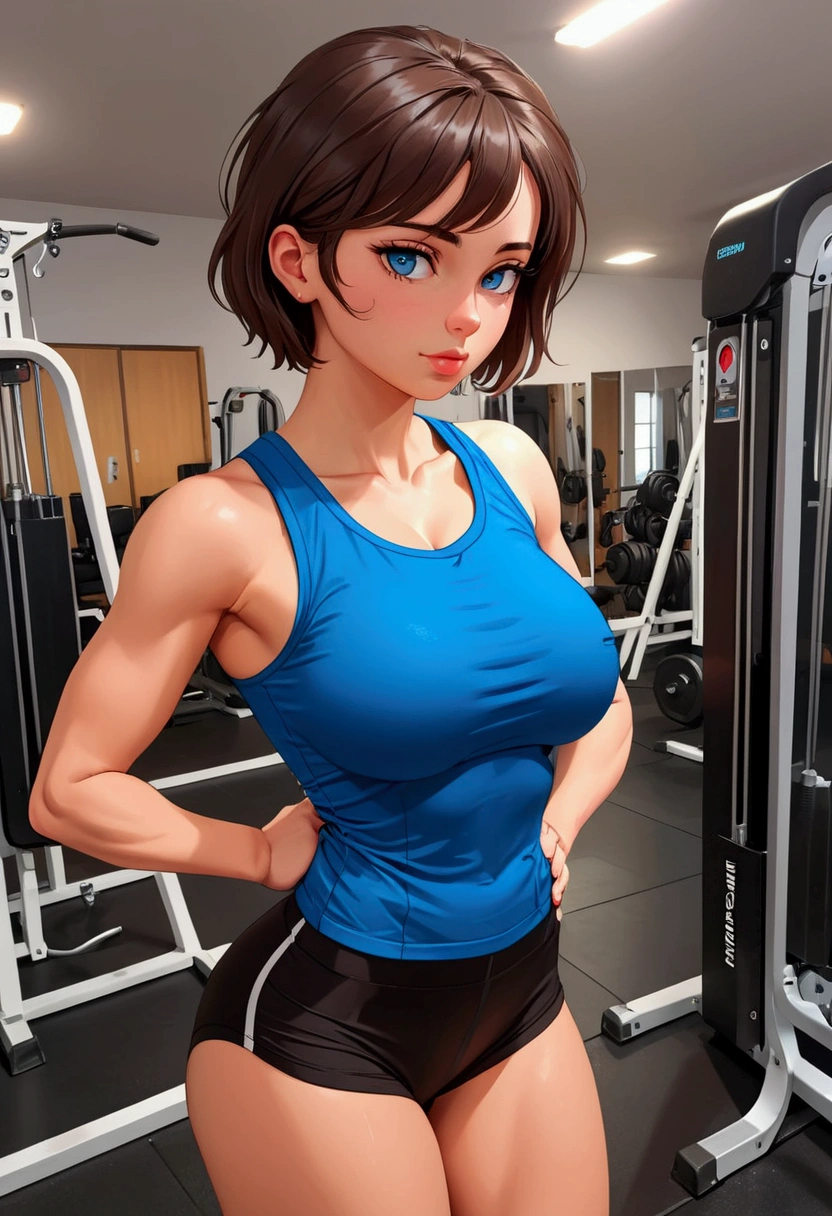 20 years old woman, Short brown hair, Méditerranéenne aux blue eye, Generous and heavy breasts, slender waist, estomac defini, fesses rebondies et pulpeuses, naturally curved, muscular thighs, aguicheuse, in the gym, Selfie, short noir et teeshirt rouge , blue eye, sweaty, side view, tresses africaines