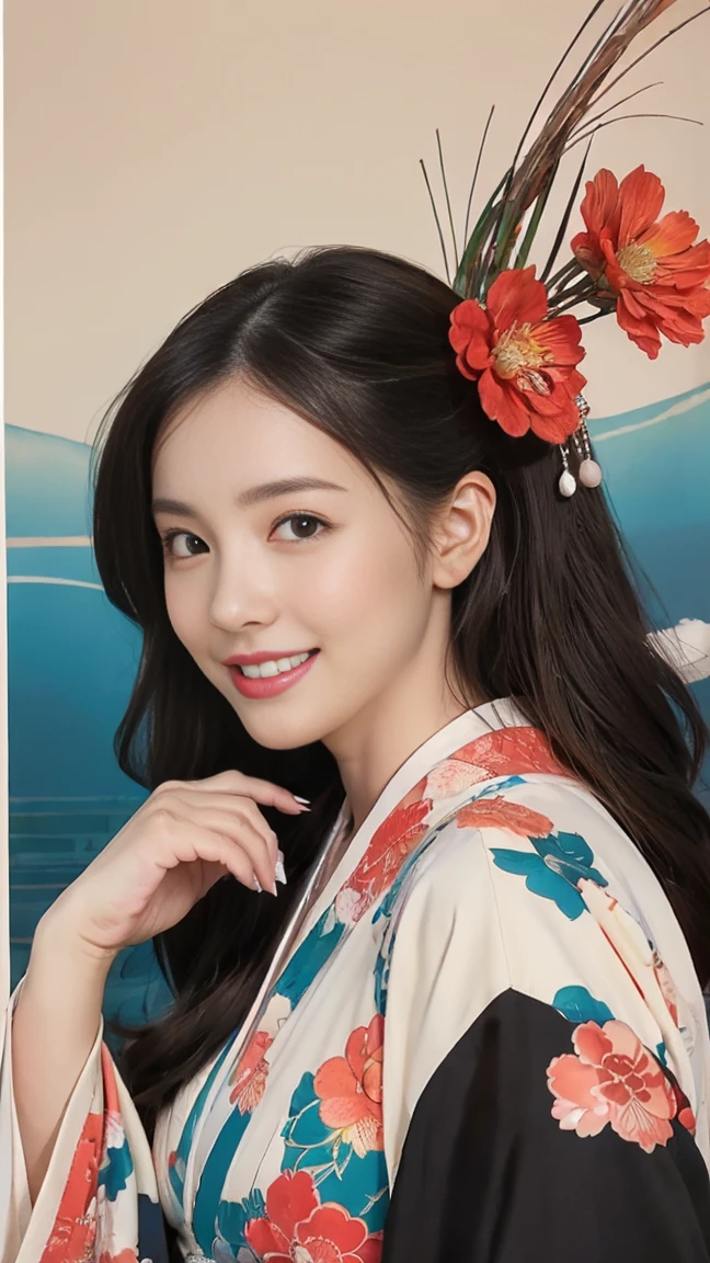 (SeaArt creates stunning illustrations of beautiful women in kimono)、Vividly colored Japanese Ukiyo-e style illustrations、A beautiful woman smiles and shows her upper white teeth、Brown-black long hair、Beautiful full body style、If you want to dance, let&#39;s dance, Tokyo Ondo, Yoi Yoi、Beautiful new digital paintings,、Bright vibrant digital anime art、 Beautiful anime portraits、background,Torii gate front of Japanese shrine、 Detailed digital anime art