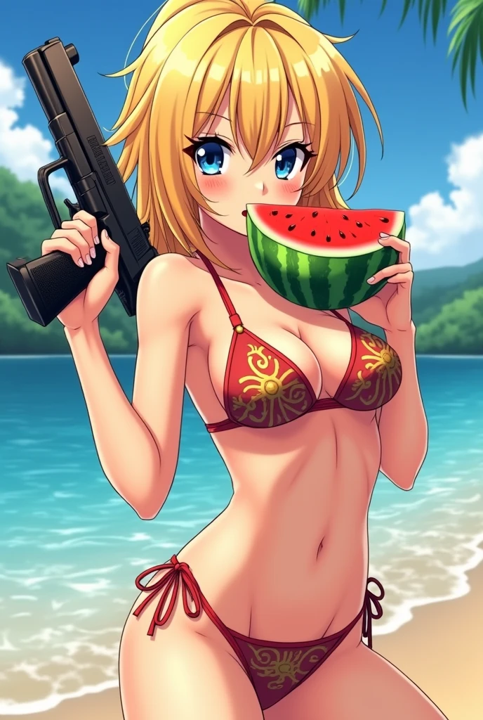 Anime girl blonde hair and blue eyes use bikini summer. One hand holding a watermelon near his mouth, her eyes facing the camera while winking, the other hand holding a gun on her shoulder