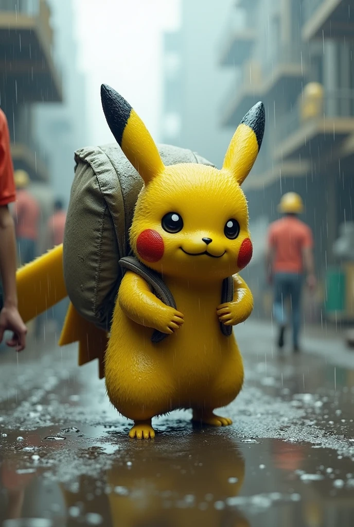 In heavy rain,One is completely wet,Poor anthropomorphic Pikachu,Very small,It's covered in mud,Carrying a large bag of cement on his back,There's water all over the ground,The background is a construction site,There are workers at work,The picture is very real,Rich in details。Scale 1.1