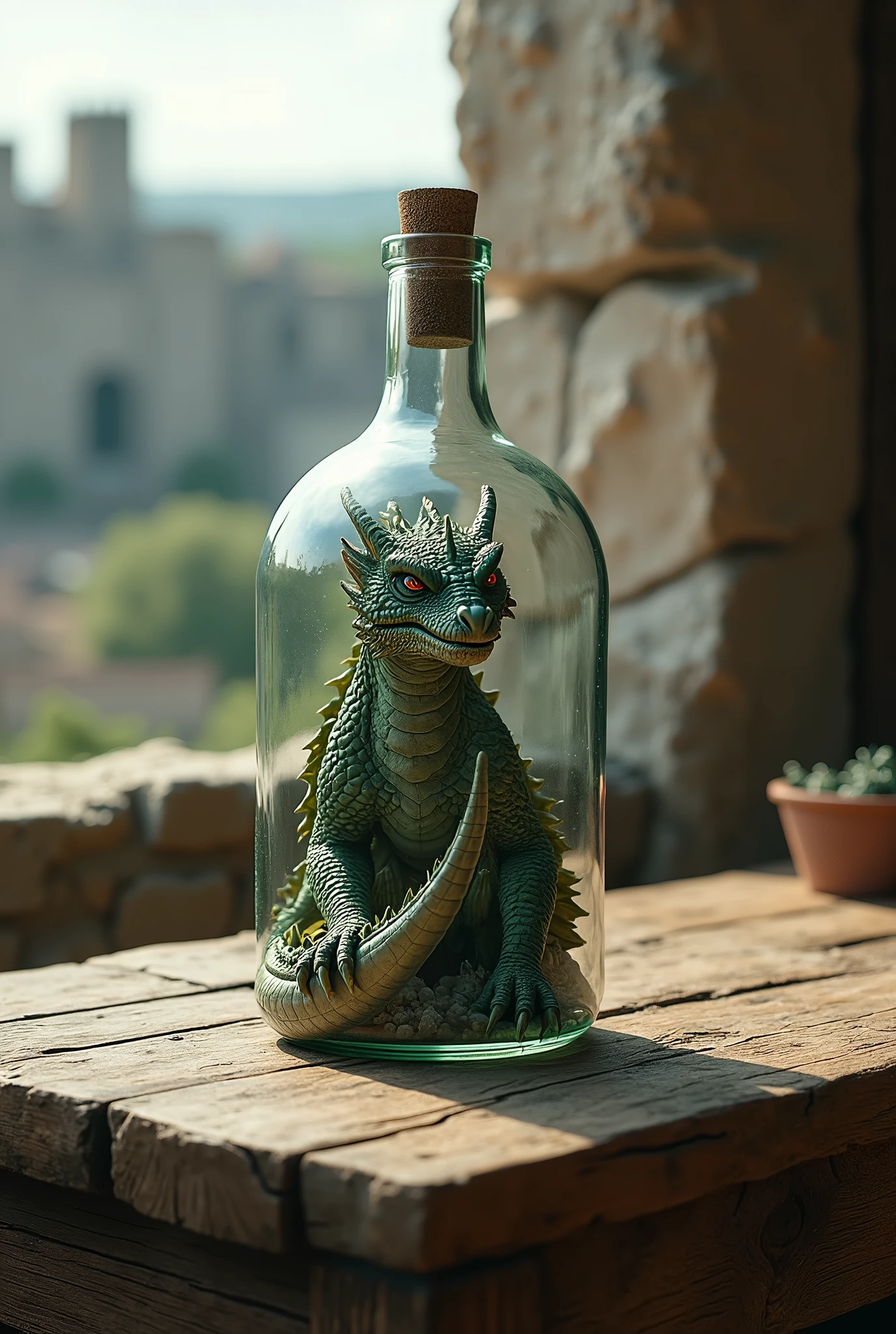 realistic style, photo, photorealistic, high detail, (sharp), (photorealism:1.2), (photo:1.2) of a dragon trapped in a bottle on a rusty wooden table. Outside the bottle Sassi di Matera, (realistic photo)