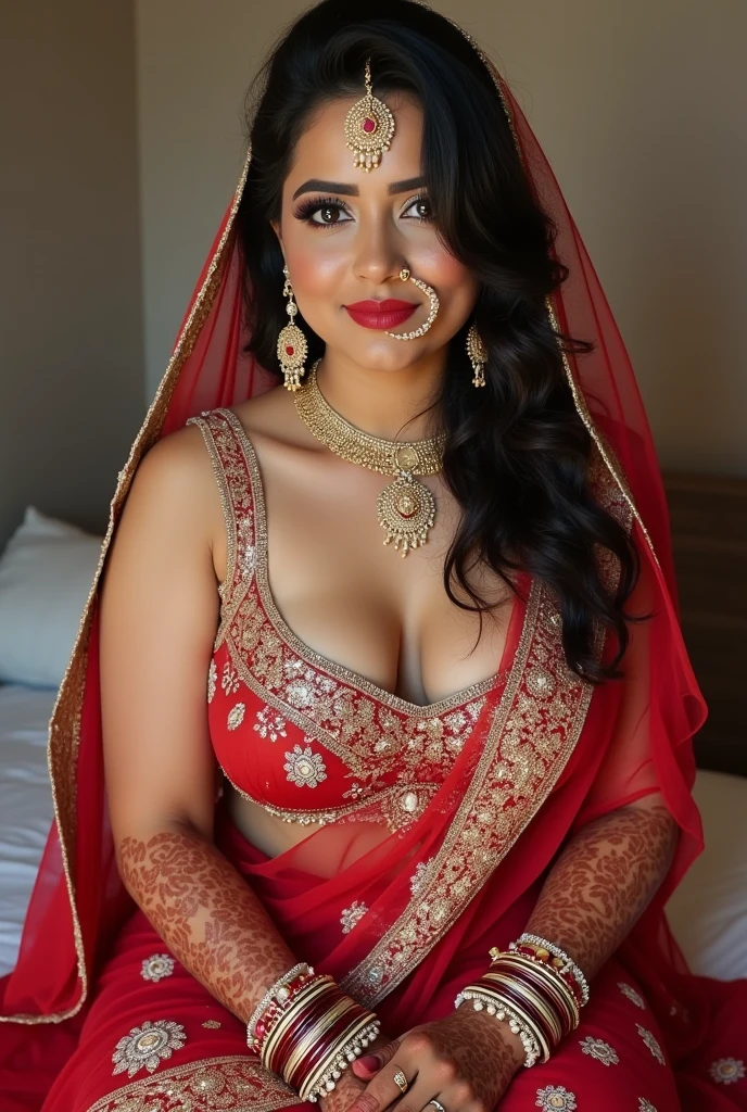 FULL BODY PICTURE, in MEHANDI HENNA TATTOO ON BOTH HANDS, Indian bride underarms, SHOWING HER ARMPITS, BBW ,In Veil , Wet curvy, busty Desi Mommy in BIKINI and showing her big showing cleavage inside BIKINI sleeveless blouse and Nose Ring, many bangles in both hands,Earings, Necklace ,Lipstick ,Navel,Indian, Chubby, showing her curves , sitting on the bed,