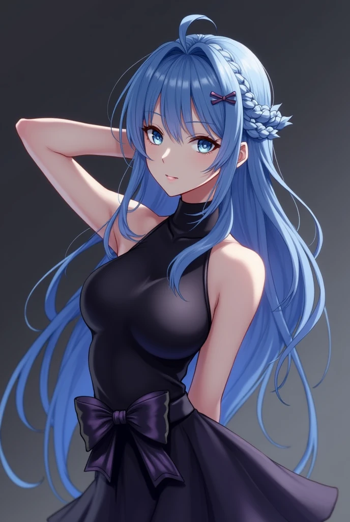She has long, flowing ブルーhair、The intricate braids and hairpins give it a dynamic look.。The hairstyle frames her delicate face.、Her blue eyes stand out, exuding a gentle yet confident expression.。She is wearing a black sleeveless outfit.、It has purple accents and a large bow around the waist.。The matte texture of this outfit、It contrasts beautifully with her shiny hair.。The characters are posed in a relaxed yet seductive manner.、Raise one arm behind your head、Gently support your elbow with your other hand。Her skin is smooth and white、The soft lighting highlights the contours of the arms and face.。The background is a subtle dark gradient.、It exudes a calm yet intense atmosphere with the focus entirely on the characters.。