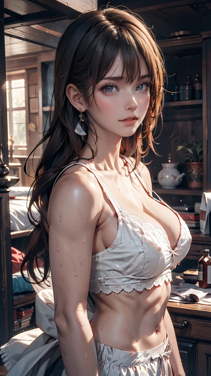 High resolution,4K,High resolution,One person, photoRealistic, Realistic,Sweaty skin, Thin face,Yangmi,Heavy makeup, Are standing,(((Half Body))), Big Breasts,Earrings ,   