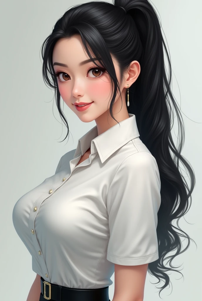 Black Hair、woman、Long Ponytail、White Shirt、uniform、smile、G Cup
