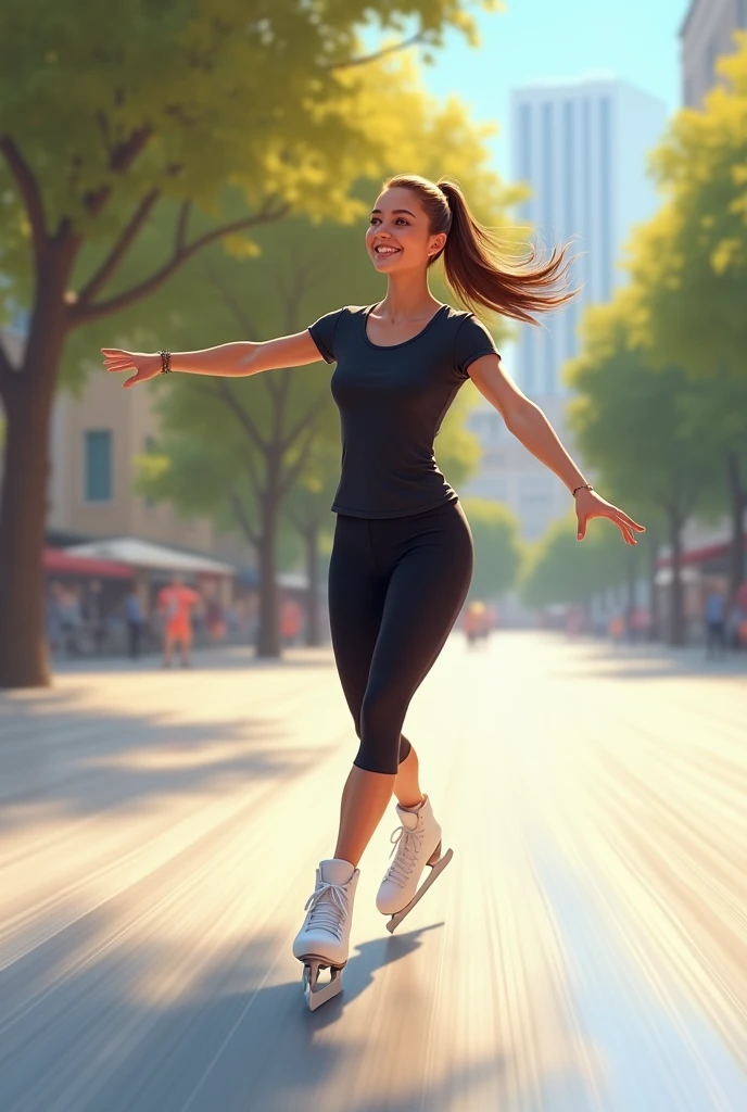 1 , A slim  brunette girl with straight hair is skating on a smooth surface, sunny pavement. He slides while performing a figure skating figure , with a happy expression on his face. Her hair tied back in a ponytail flows behind her as she increases speed., and she is wearing short black leggings with a fitted black t-shirt, . The background features a vibrant, outdoor environment with blurred moving trees or buildings, emphasizing her graceful movement and the carefree energy of the moment.