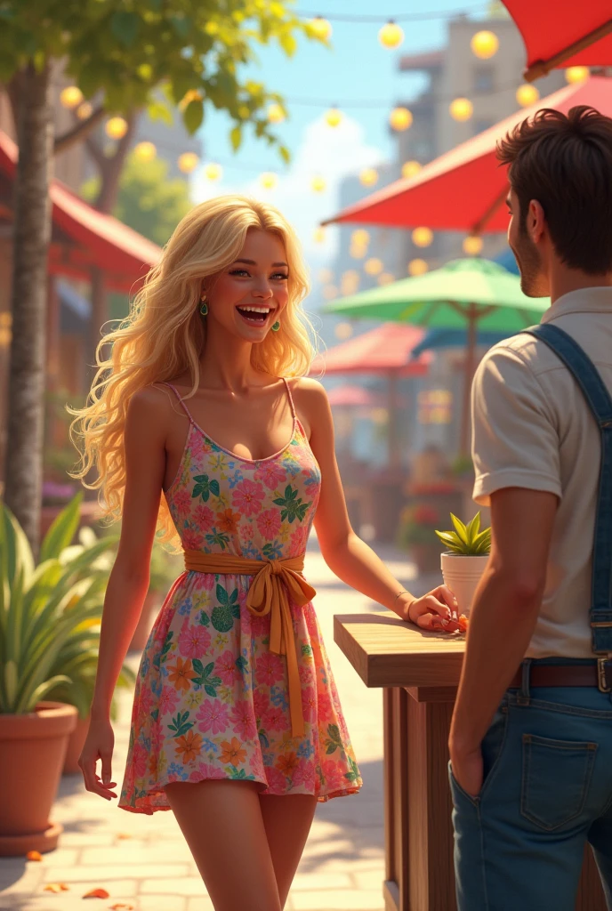 A young woman with a carefree spirit works at an outdoor cafe on a sunny day. She's wearing a colorful sundress, her long, wavy blonde hair . She's laughing and talking with a male customer, her infectious energy filling the air. The cafe is filled with the sound of music and laughter, and the atmosphere is vibrant and exciting.