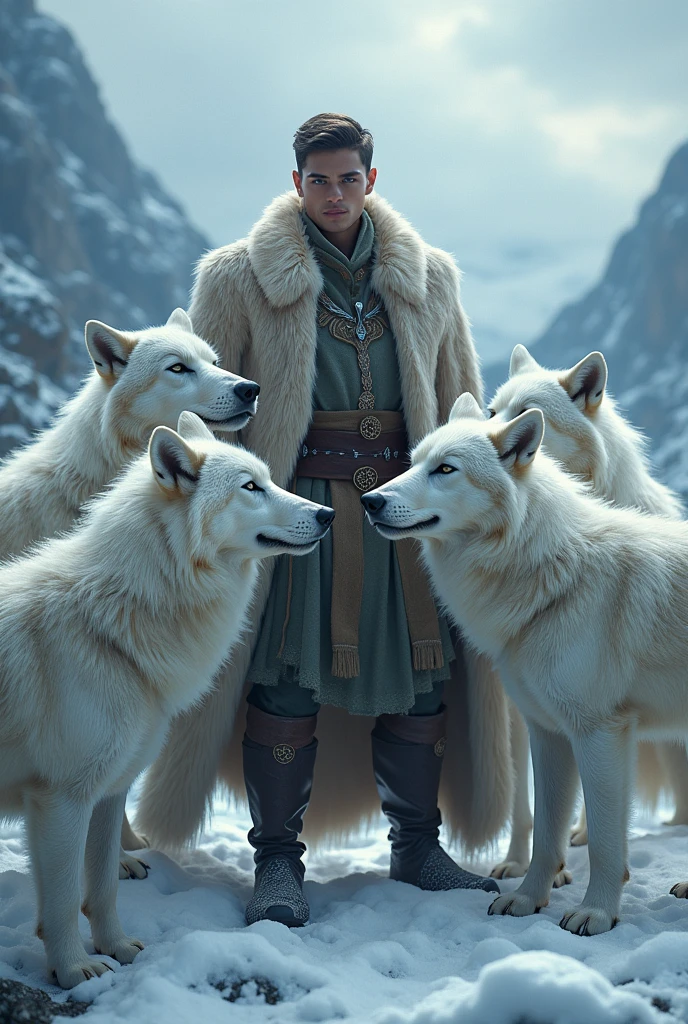 Create a image of a young man with four white wolfs
