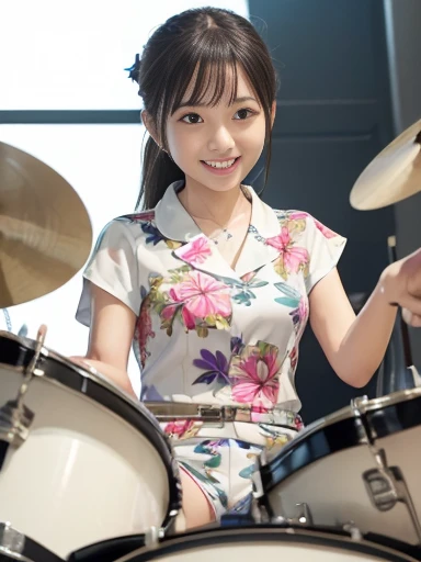 Japanese female, (underweight), (medium bust best quality:1.5), 30 years old, (cheerful grin:1.3),(stylish one piece dress),(aloha shirt), (white shorts),(motion blur:1.2),
Rock live, drum set:1.4, (Japanese female playing drums:1.3), excited, from below