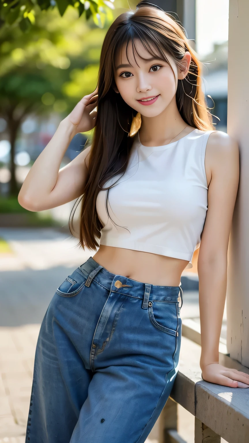 (Highest quality, 8k, 32K, masterpiece, Ultra-high resolution: 1.2), 1 person, Beautiful Japanese Women,(Teenage models),(Twin tails),(Fashion Portrait),Wide leg denim pants, White cropped top,White sneakers, (Cute pose: 1.2), Beautiful Face, (Smile at someone you like), Summer blue sky