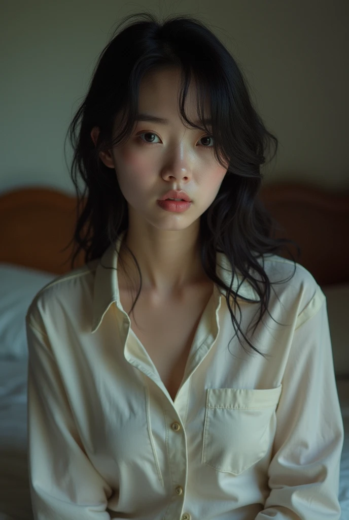 Japanese women、bedroom、Selfie、fair skin、Big Breasts、single eyelid、Year: 35、Moderate、shirt、wedding ring、sulk face
