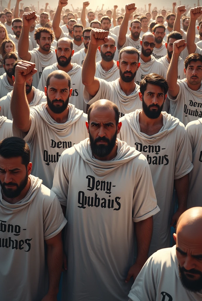 a crowd of men gathered with clenched fists and wearing white clothes that said DENY-QUBAIS