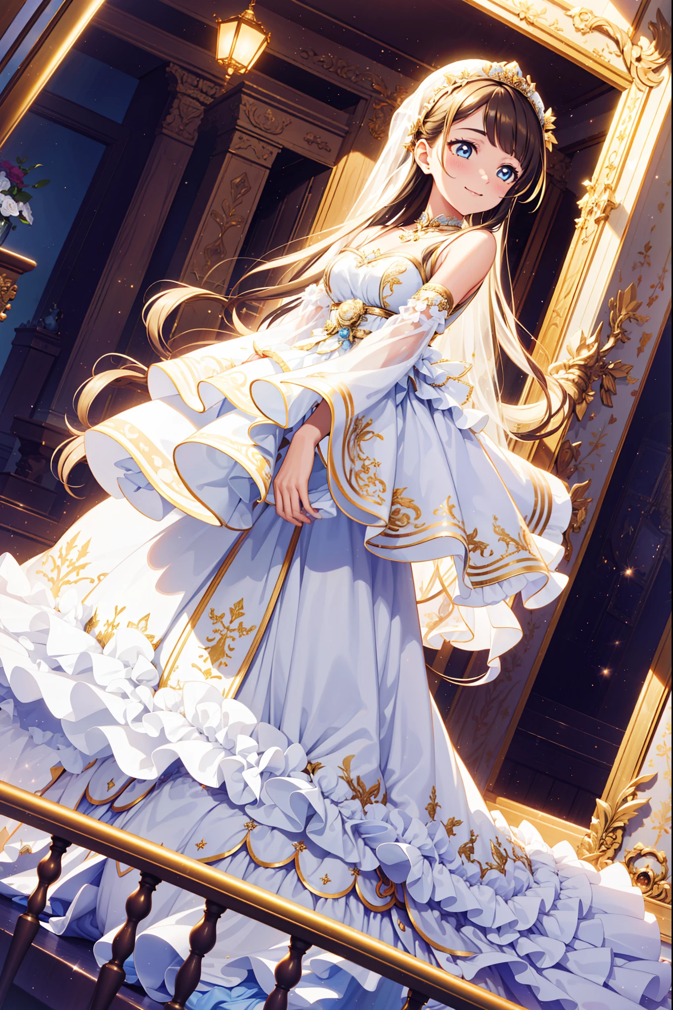 young adult,divino,Enchanted,Enchanted,having fun,Being in love,White and yellow princess dress,intricate detailed clothes,(Diamond decoration),Royal motif,swim wears,inside in room,(Shine:1.2), (Best quality), (Masterpiece:1.2),Beautiful detailed face