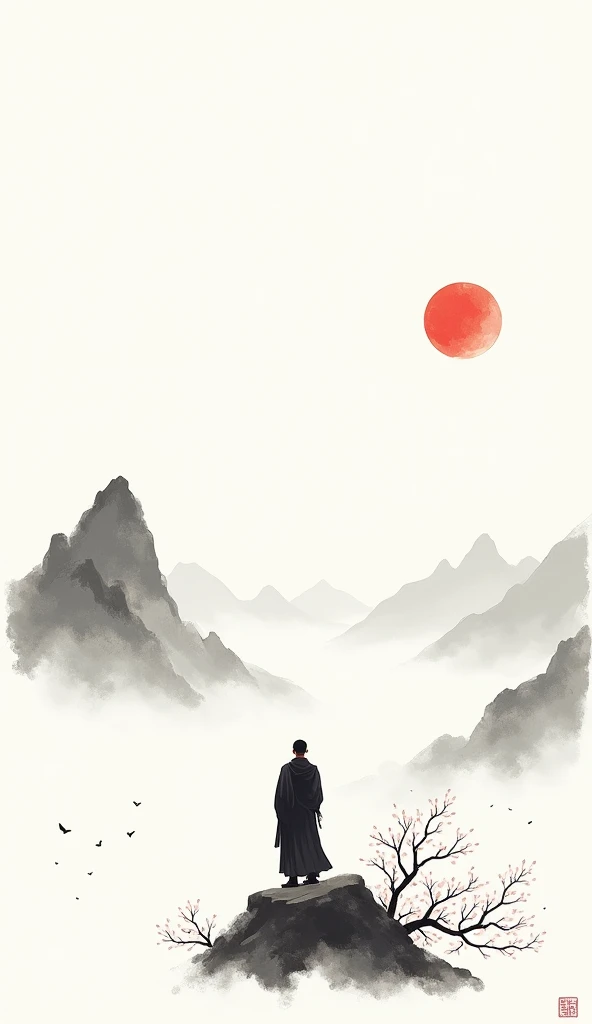Lots of white space ，White background, simple, Minimalism, Abstract,Hand Painted，Aesthetic，black and white，Ink Painting，，a mountain，There are plum blossoms，Man looking into the distance，Monk，一幅Abstract的艺术插图, author：Xu Shuai, Arte no estilo de Gu Weiss, Shin Jin Hye, Obra-prima de Gu Weiss, Ross Figure 1. 0, Beautiful digital illustrations, Inspired by Non-WLOP, simple數位藝術, jingna zhang, Gu Weiss, Stunning digital illustrations