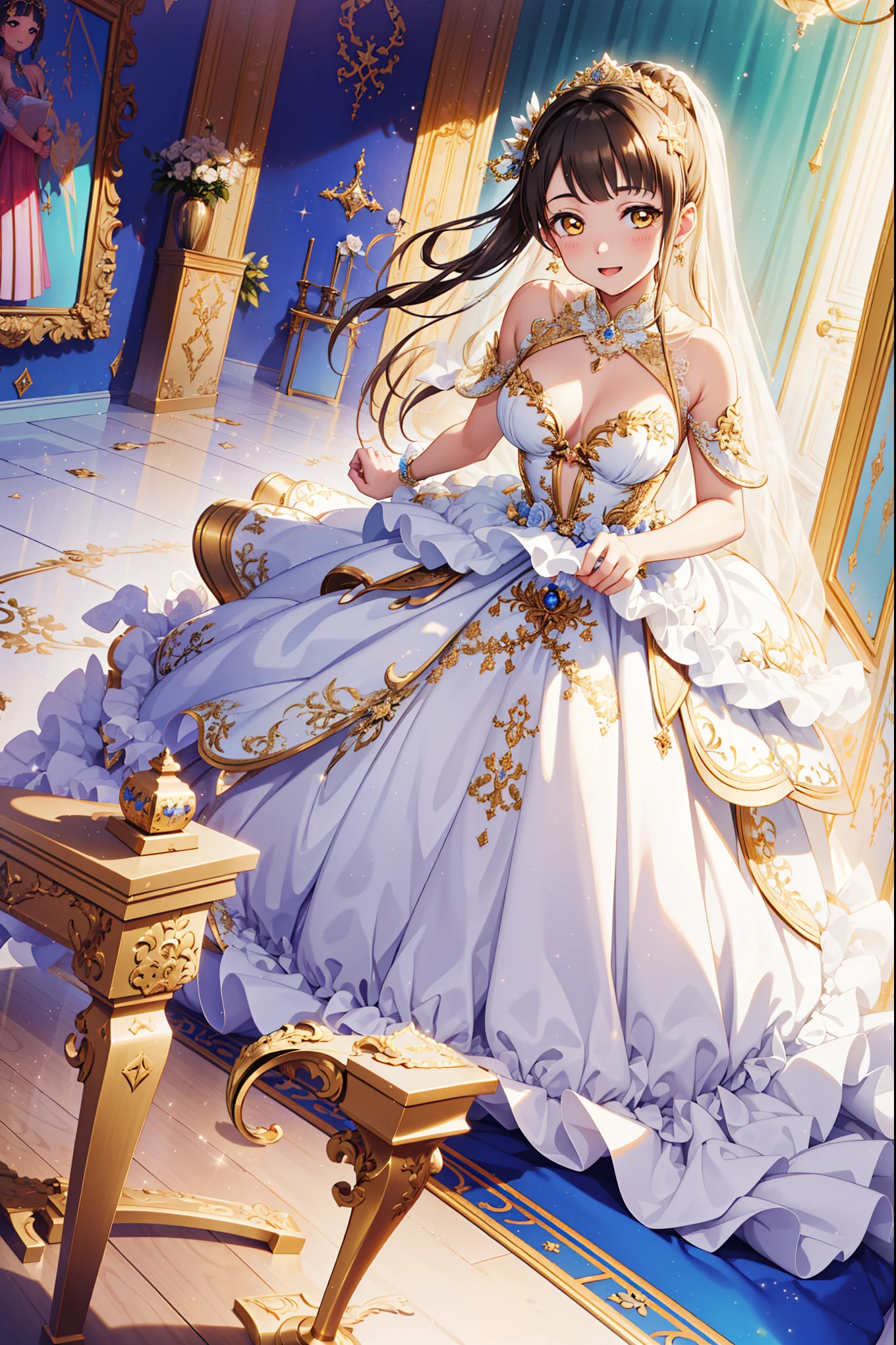 young adult，divino，Enchanted，Enchanted，having fun，Being in love，White and yellow princess dress，intricate detailed clothes，(Diamond decoration)，Royal motif，swim wears，inside in room，(Shine:1.2), (Best quality), (Masterpiece:1.2)，Beautiful detailed face