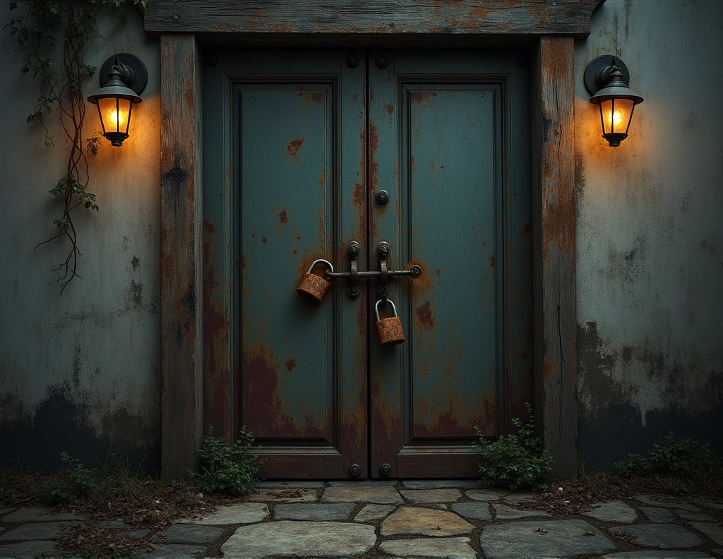 The main door. It was closed with a rusty padlock