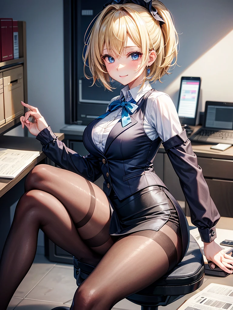 Anime style, super fine illustration, highly detailed, beautiful detailed, super high quality image, static representation, gentle expression, happy expression, the pretty image, the handsam portrait, a perfect style woman, 8k, pretty 1girl with blonde straight short hair & blue eyes & a bright smile & full bust & soft fair skin is a female secretary not to show her skin wearing the business shirt & vest & black tight skirt & black pantyhose in the big urban office, desk, PC, chair, happy stories, solo, perfect fingers, perfect arms, perfect legs, masterpiece.