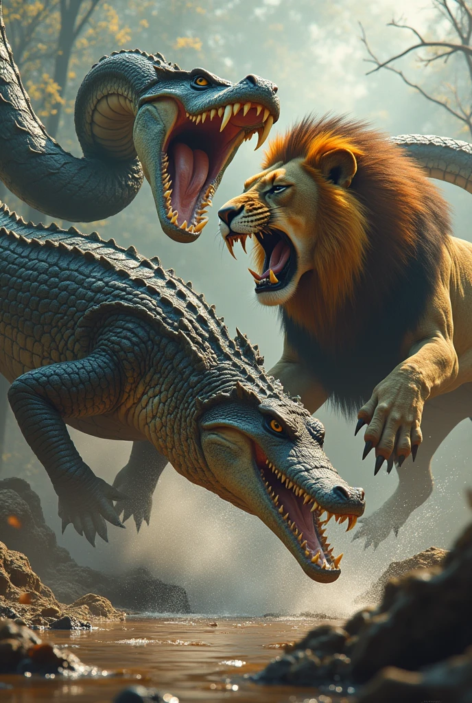 Big Snake and Lion full power combination fight crocodile