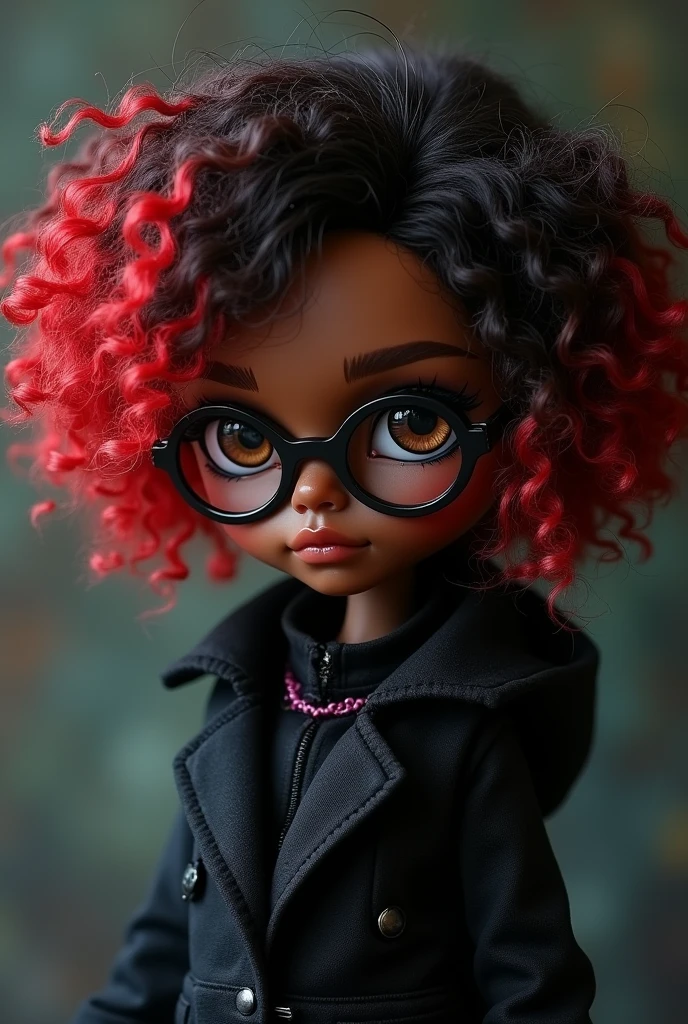 Blythe doll pele MORENA, brown eyes,
half sideways, short curly dark brown hair with red highlights, round glasses on the face, gothic, rock girl