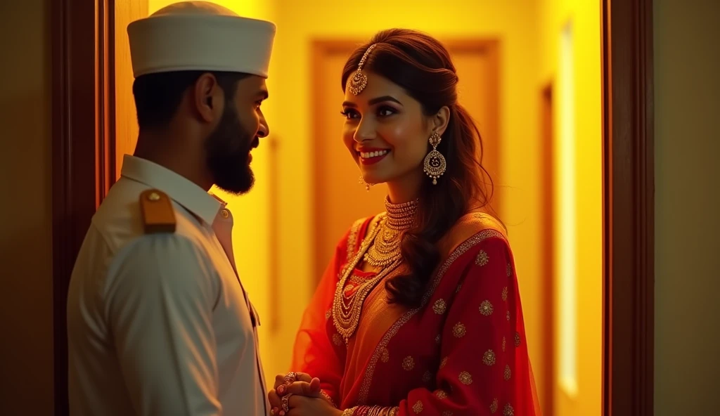 beautiful woman opening apartment door,wearing red sari,golden jewelries,applay sindoor at the beginning or completely along the parting-line of a woman's hair,smiling to a masculer man,wearing ac matchanic company uniform,wite Taqiyah on head,hairy body,watching womans body yellow led lighting in apartment hall
