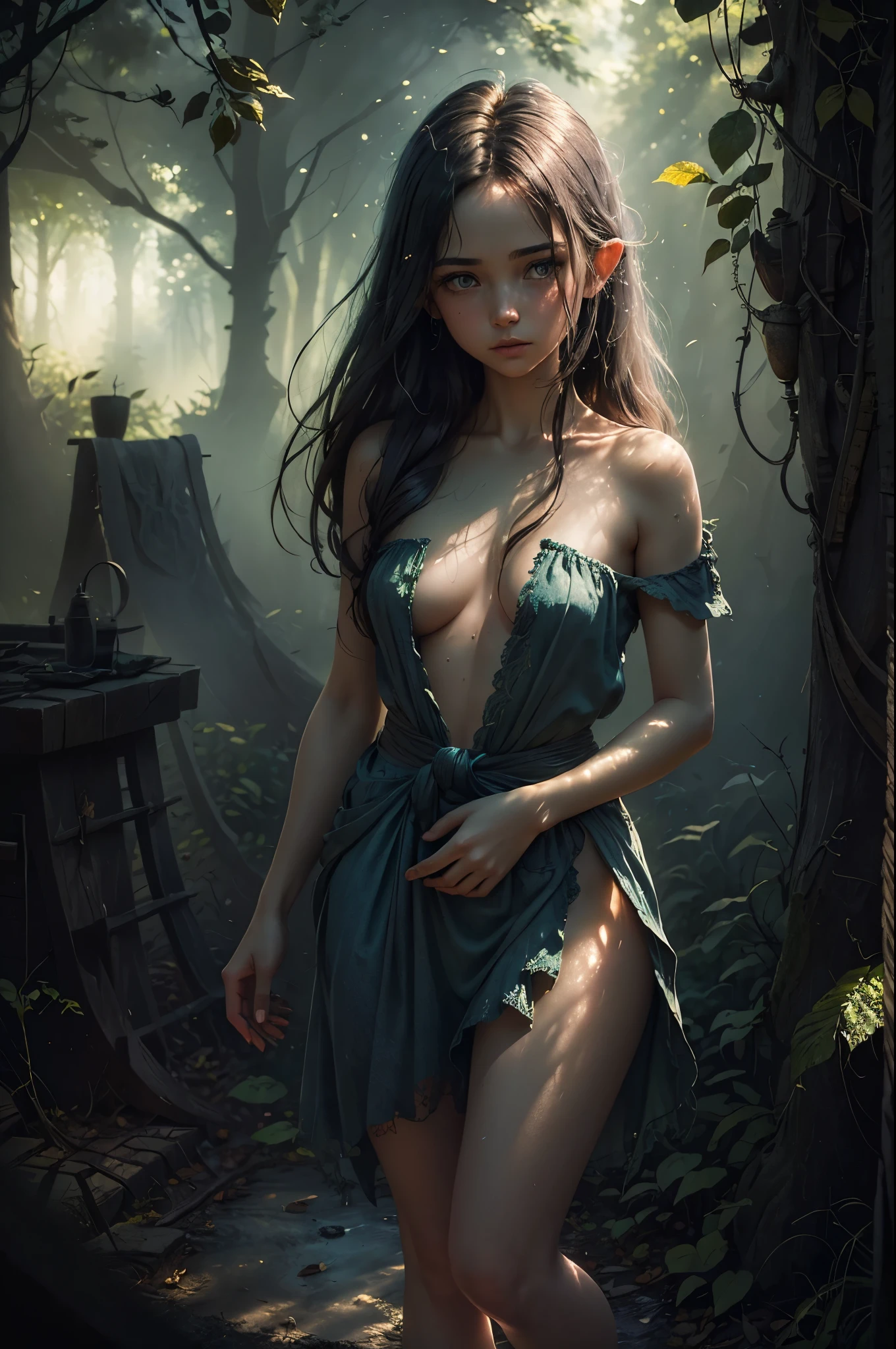 (Realystic:1.4), analog photo style, depths of field, (dark-haired Lightfoot Halfling with blue eyes, naked), (small leaves and insects got tangled in wet hair), wide waist, (her full body is a visual pleasure), view from above, extremely sexy, dark fantasy atmosphere, deep shadows with the some sun rays, a delicate balance between reality and fantastic, faded colours, great quality, Masterpiece, blurred gloomy background, naturally cinematic light, 16k quality, kodak porta 400, bokeh.