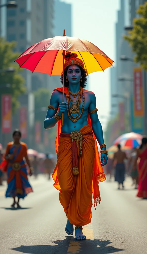 Imagine Shri Krishna Ji, the revered Hindu deity, strolling down a bustling road. He holds a colorful umbrella in his hand, which contrasts with his traditional attire and the lively urban backdrop. The scene blends the divine with the everyday, showcasing Ganesh Ji’s serene presence amidst the modern world.”