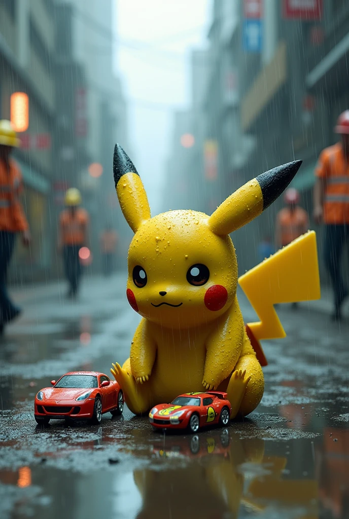In heavy rain，One is completely wet，Poor anthropomorphic Pikachu，Very small，It's covered in mud，Sitting on the floor playing with toy cars，There&#39;s water all over the ground，The background is a street，Workers are walking around，The picture is very real，Rich in details。Scale 1.1