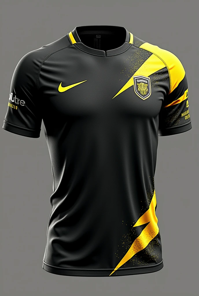 create football shirt for a team named THUNDERS. having primary color black and dark grey and secondary color yellow