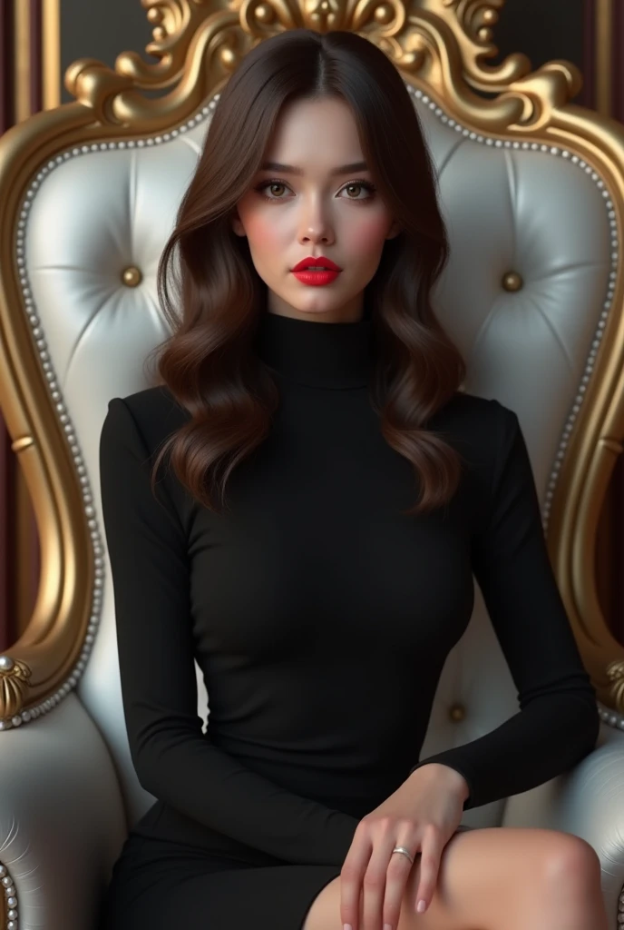 Pretty 25 yrs old girl with long hair wearing black turtle neck  dress and red lipstick sitting in the white royal chair. 3D semi animated portrait full image