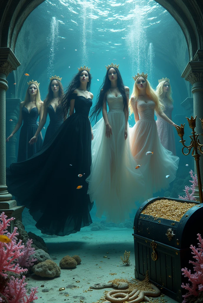 "A full-body shot of a (extra wide angle 1:1) portrait, 2 Super realistic Pulchritudinous wampire queens goddesses twin sisters, wearing their diamond pink crystal crown 1:1, and their 3 girlfriends gorgeous blondes and brunettes with perfect extra beautiful (((detaled realistic face))), in a dark deep sea (medieval ballroom very old realistic) in an old gothic palace, under the sea. ((Super-big ballroom.)) gliding neutrally buoyant in the sea. Sinking down at the bottom with their feet up, swimming sideways. The queens have a big light-colored very finely detailed eyes, black super-long long hair. Their Exquisite girlfriend queen have an extra long hair, crown also big bright blue finely detailed eyes.Their wearing black dresses. Pale pink, white, black with gold and diamond dresses. Dresses in many layered lace and chiffon riven apart and wet ( perfect hands, five fingers on each hand.) Small breasts cleavage, (hyper realistic perfect eyes 1:3). Face with Pale perfect detailed skin. Hyper detailed skin on body. Queens surrounded by Perished under-water gothic palace 1:1 On the bottom of the sea are golden crowns 1:1, adorned with pink crystals 1:1. Bright colored blue, pink, orange, green fishes swimming around. Pink Corals. Sea moss. Octopus. Treasure chest with gold and jewelry in it. The scene a beautiful empresses swimming ghostly, their super long 1:1 hair flowing all around. Sad. Scared(Best Quality Detailed faces)1:1. A medieval fairytale vibe, with a big black intricate throne in a corner at the bottom with sea moss on it. In a fantastic scene that uses 3D Surreal 3D model. Big gold gothic medieval five armed on the seafloor, surrounded by crystal wine glasses—one tipped over and broken. The entire setup is masterpiece 1:3 framed with the grandeur of medieval gothic style. photographed in a Canon EOS R5, 50mm Lens, F/2.8, nffsw, (8K)"