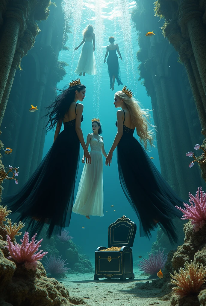 "A full-body shot of a (extra wide angle 1:1) portrait, 2 Super realistic Pulchritudinous wampire queens goddesses twin sisters, wearing their diamond pink crystal crown 1:1, and their 3 girlfriends gorgeous blondes and brunettes with perfect extra beautiful (((detaled realistic face))), in a dark deep sea (medieval ballroom very old realistic) in an old gothic palace, under the sea. ((Super-big ballroom.)) gliding neutrally buoyant in the sea. Sinking down at the bottom with their feet up, swimming sideways. The queens have a big light-colored very finely detailed eyes, black super-long long hair. Their Exquisite girlfriend queen have an extra long hair, crown also big bright blue finely detailed eyes.Their wearing black dresses. Pale pink, white, black with gold and diamond dresses. Dresses in many layered lace and chiffon riven apart and wet ( perfect hands, five fingers on each hand.) Small breasts cleavage, (hyper realistic perfect eyes 1:3). Face with Pale perfect detailed skin. Hyper detailed skin on body. Queens surrounded by Perished under-water gothic palace 1:1 On the bottom of the sea are golden crowns 1:1, adorned with pink crystals 1:1. Bright colored blue, pink, orange, green fishes swimming around. Pink Corals. Sea moss. Octopus. Treasure chest with gold and jewelry in it. The scene a beautiful empresses swimming ghostly, their super long 1:1 hair flowing all around. Sad. Scared(Best Quality Detailed faces)1:1. A medieval fairytale vibe, with a big black intricate throne in a corner at the bottom with sea moss on it. In a fantastic scene that uses 3D Surreal 3D model. Big gold gothic medieval five armed on the seafloor, surrounded by crystal wine glasses—one tipped over and broken. The entire setup is masterpiece 1:3 framed with the grandeur of medieval gothic style. photographed in a Canon EOS R5, 50mm Lens, F/2.8, nffsw, (8K)"
